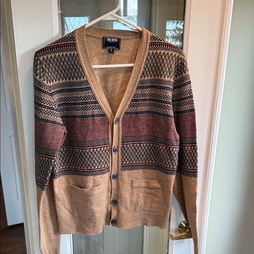 Todd Snyder Tan Cardigan Sweater with Burgundy and Navy Patterned Stripes